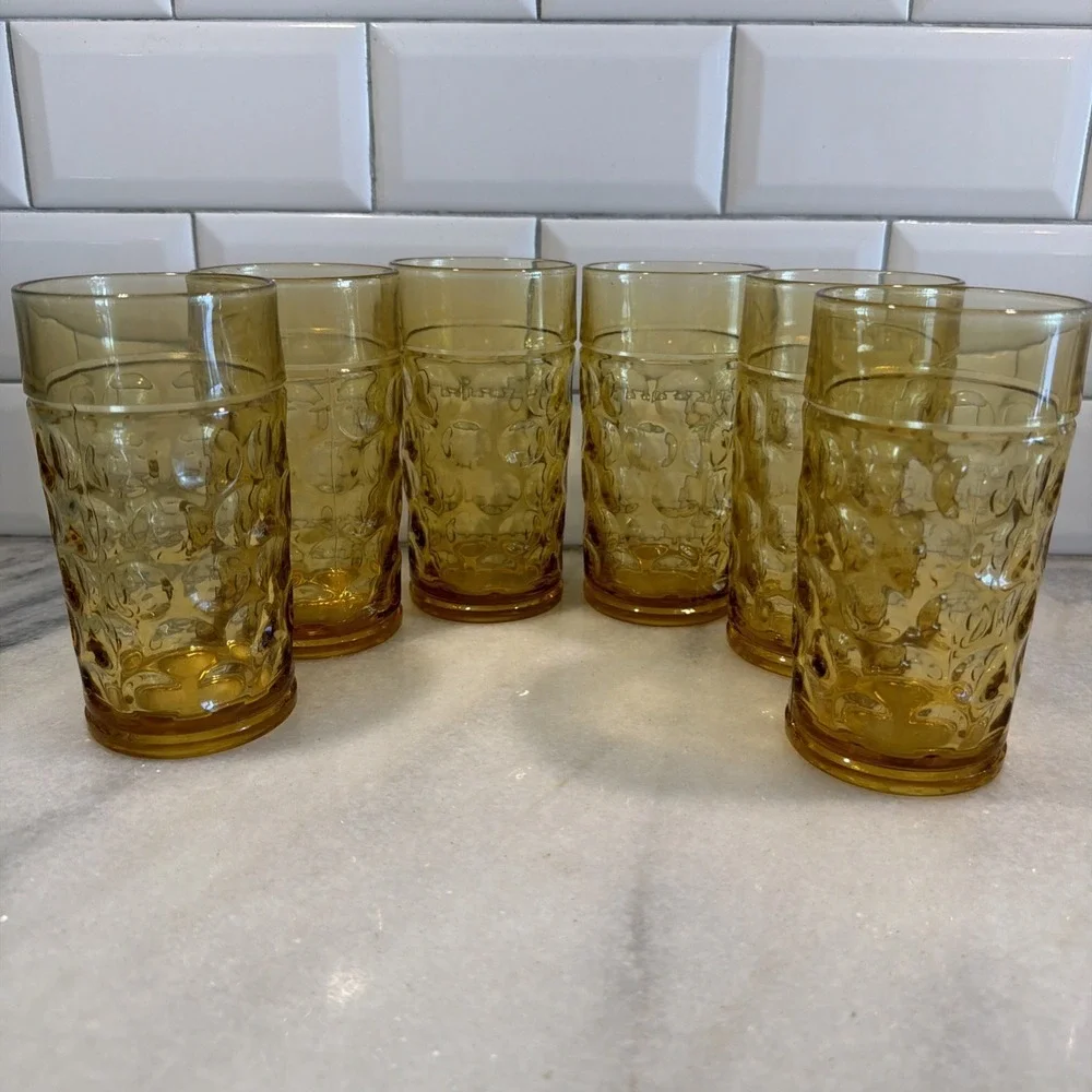 Vintage 8oz Set Of 6 Hazel Atlas Amber Eldorado Dots Glass Tumblers GW009
